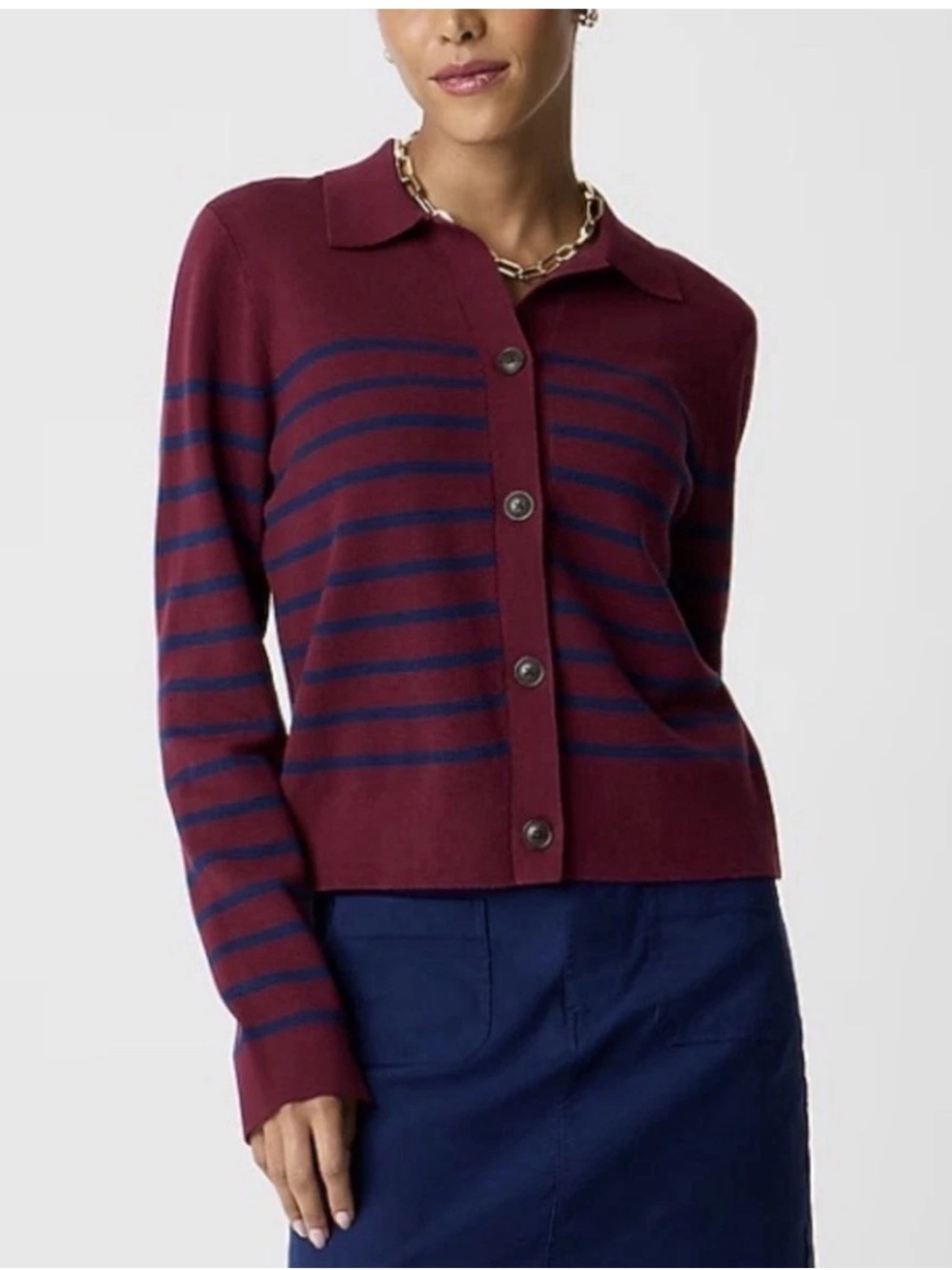 J. Crew Burgundy and Navy Striped Button-Front Polo Cardigan